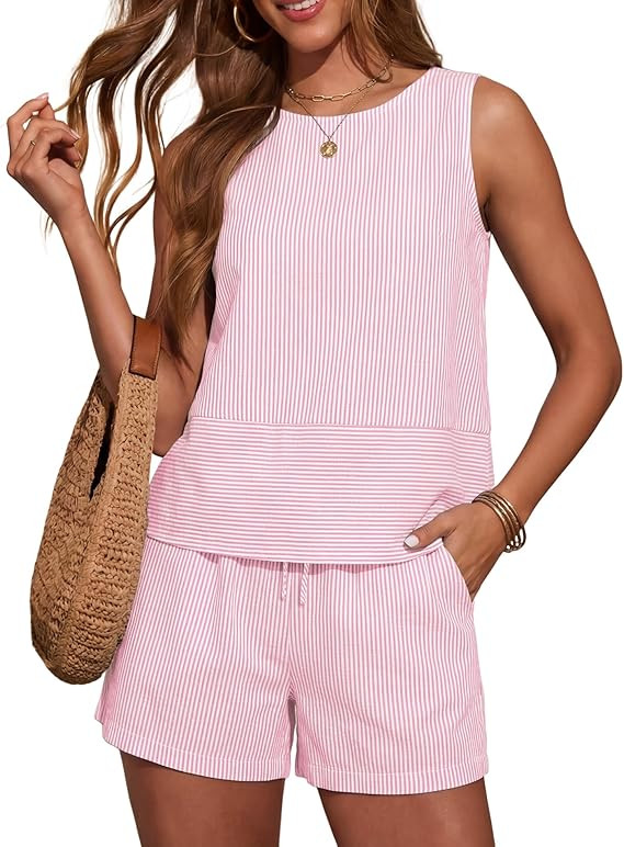 LOMON Women's Trendy 2 Piece Outfits Shorts Sets Summer Crew Neck Sleeveless Tank Top and Bottom ... | Amazon (US)