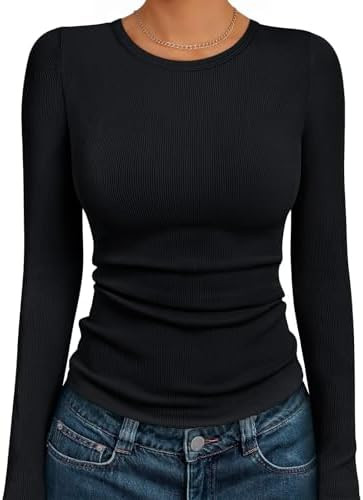 AUTOMET Women's Ribbed Long Sleeve Basic Top - Soft Stretch Crewneck Shirt for Work & Casual | Amazon (US)