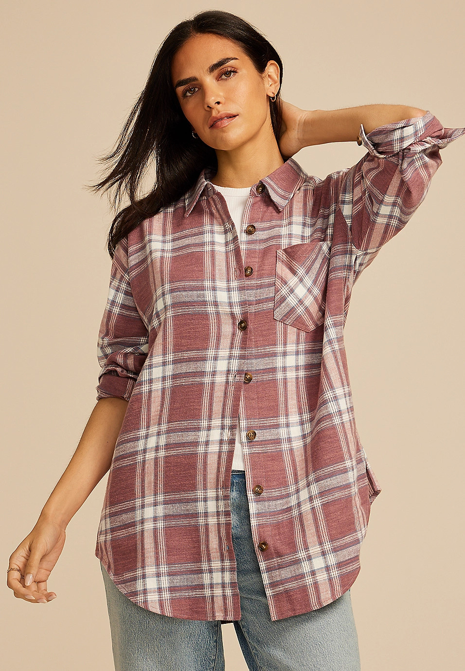 Cabin Plaid Boyfriend Tunic Button Down Shirt | Maurices