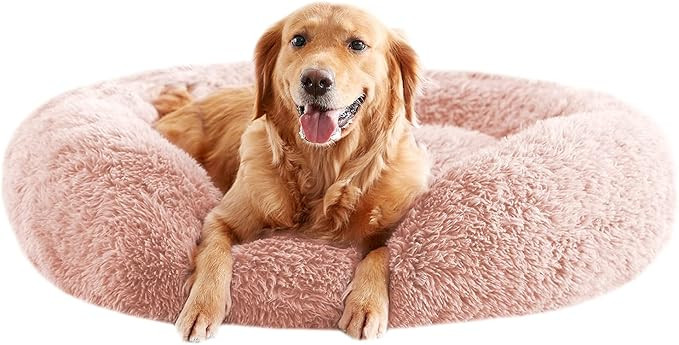 Dog Beds for Large Dogs, Pink Calming Dog Bed, Plush Fluffy Round Cuddler, Machine Washable Dount... | Amazon (US)