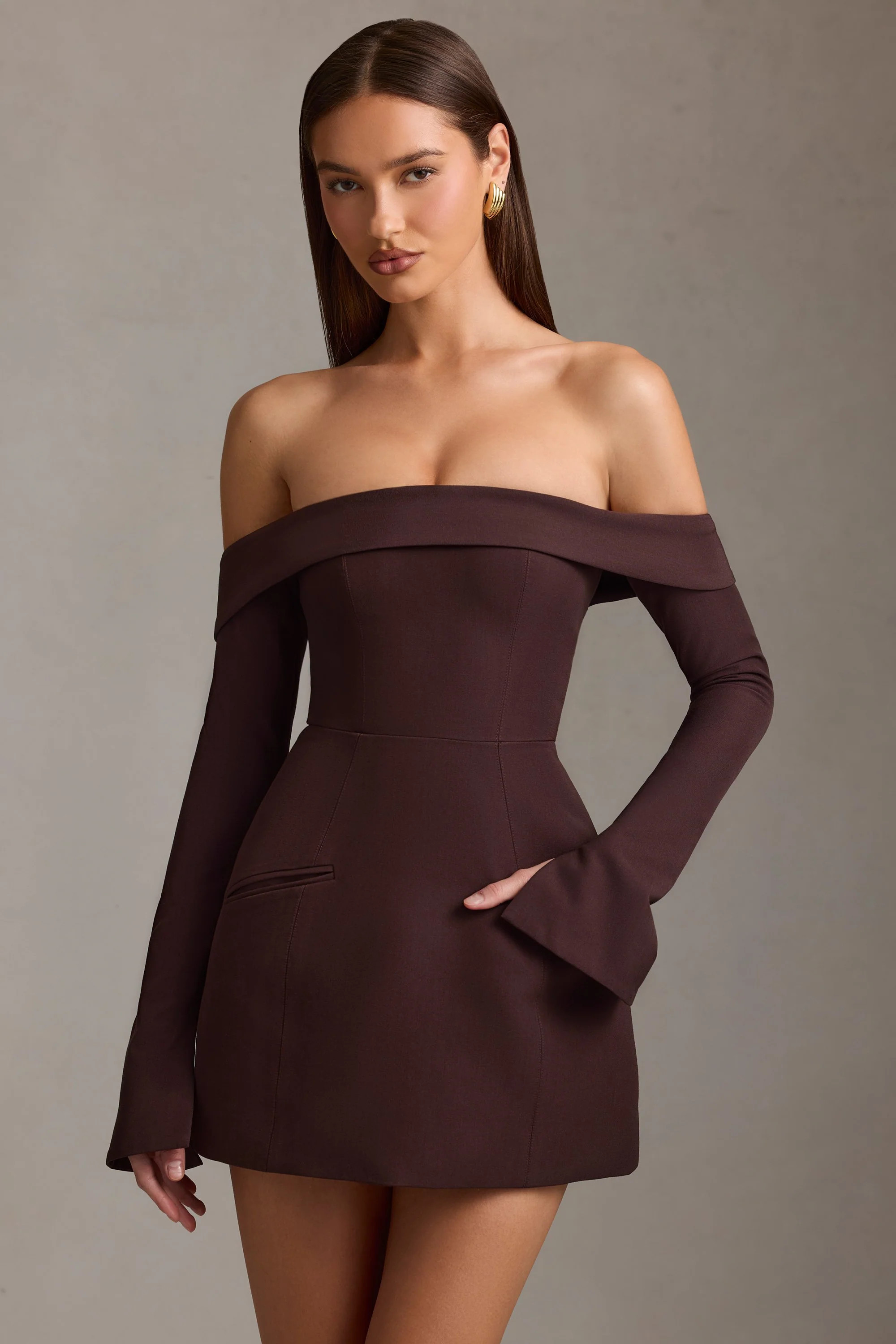 Off-Shoulder Structured A-Line Mini Dress in Chocolate Brown | Oh Polly