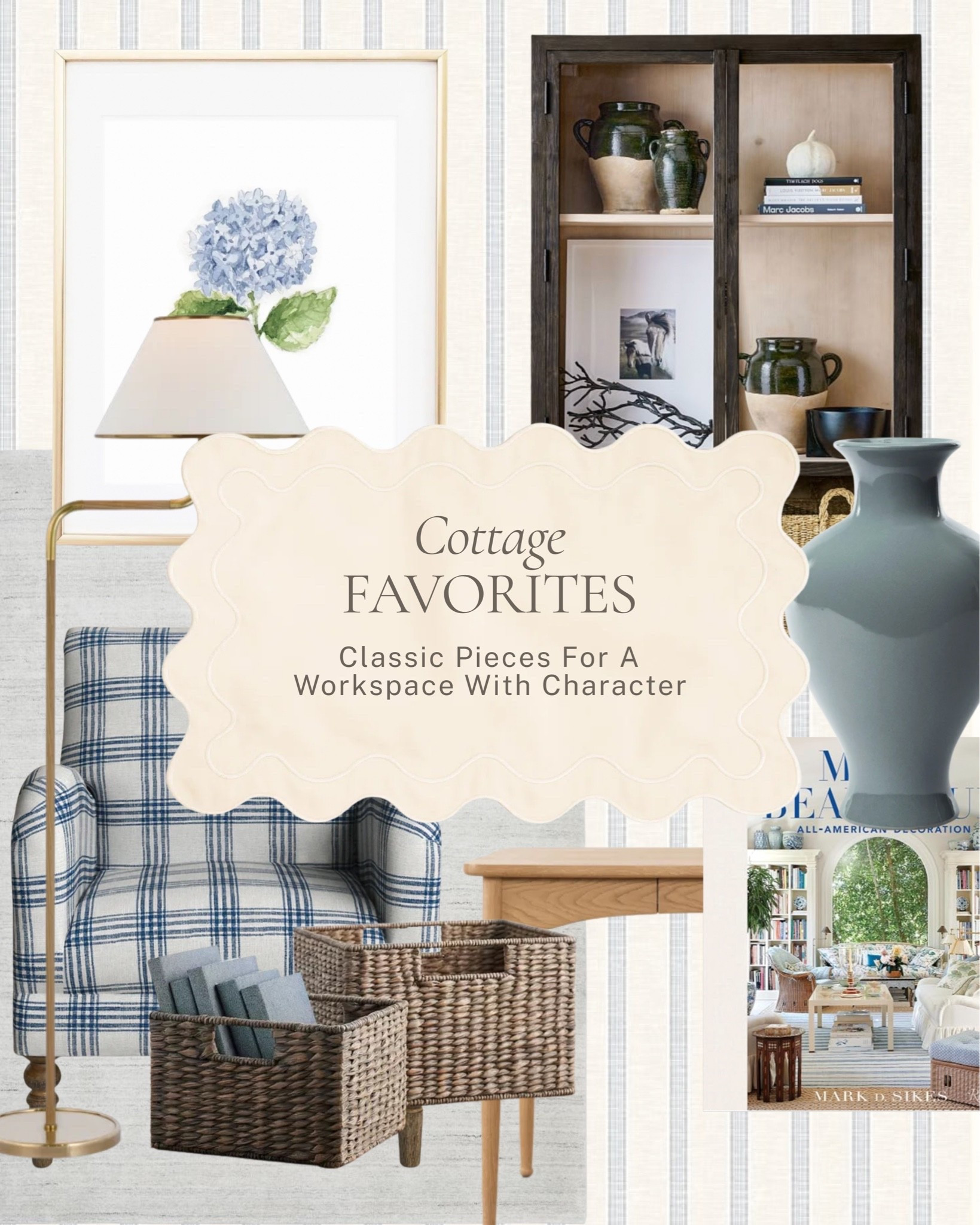 Classic pieces for a workspace with character. A plaid skirted chair, a brass floor lamp, woven file baskets for the paperwork you'd rather not look at, and a simple wood desk that keeps the whole setup feeling more like a room than an office.

All linked here 🤍 #LTKhome