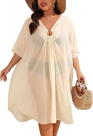 SWOMOG Women Plus Size Swimsuit Cover Up Sexy V Neck Bathing Suit Keyhole Swimwear Bikini Coverup... | Amazon (US)