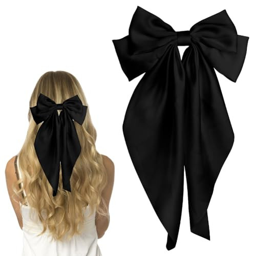 Pufandor Hair Bow Silky Satin Hair Ribbons for Women, Black Bows for Girls Hair Bowknot Barrettes Long Tails with Clips Big Hair Bows Hair Accessories (Black 1pc) | Amazon (US)