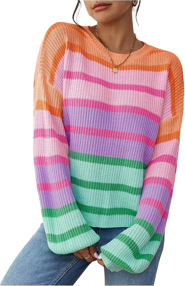 Verdusa Women's Striped Oversized Sweaters Trendy Fall Knit Tops Cozy Pullovers Color Block Sweater | Amazon (US)