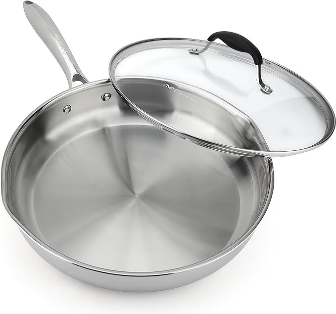 AVACRAFT 18/10 12 Inch Stainless Steel Frying Pan with Lid, Side Spouts, Induction Pan, Versatile... | Amazon (US)