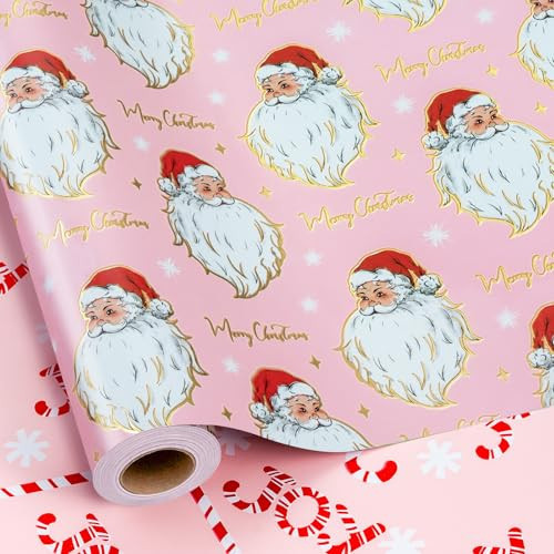 Yarcony Christmas Santa Wrapping Paper Roll, Girl Pink Wrapping Paper, Reversible Vintage Girly Pink & Gold Santa Claus & Candy Cane Design Chritstmas Gift Wrap for Winter Holiday(17 Inch X 33 Feet) | Amazon (US)