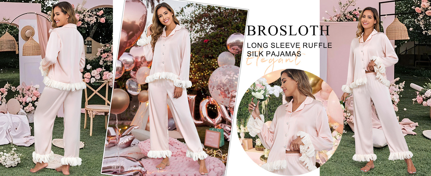 Brosloth Womens Silk Pajamas Long Sleeve Button Up Pajama Cute Soft Satin Fall Pjs Sets 2 Piece L... | Amazon (US)