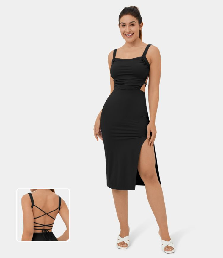 Ruched Backless Crisscross Lace Up Split Bodycon Midi Casual Dress | HALARA