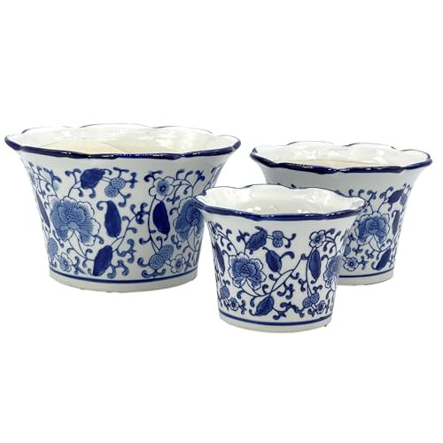 Galt International Blue & White Floral Porcelain Ceramic Decorative Flower Pot 8"/6"/4.5" Garden Pots Chinese Asian Design - Set of 3 Cylinder Fluted Edge | Amazon (US)