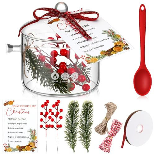 Baderke Christmas Simmer Pot Gift 50 oz Glass Cooking Festive Saucepan Pots with Christmas Card Artificial Red Berries Pine Needles Handmade Cotton Rope Red Ribbon Stirring Spoon for DIY Xmas Gift | Amazon (US)
