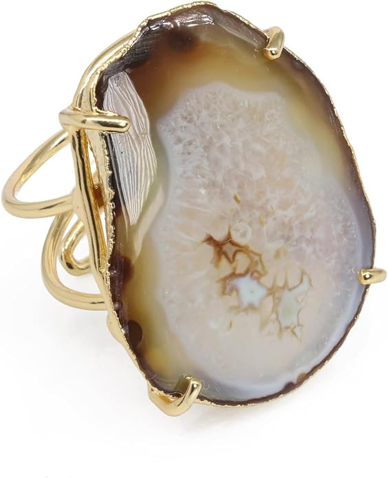 Natural Agate Geode Slice Crystal Gemstone Free-Form Stone Ring Gold Electroplated Adjustable Rin... | Amazon (US)