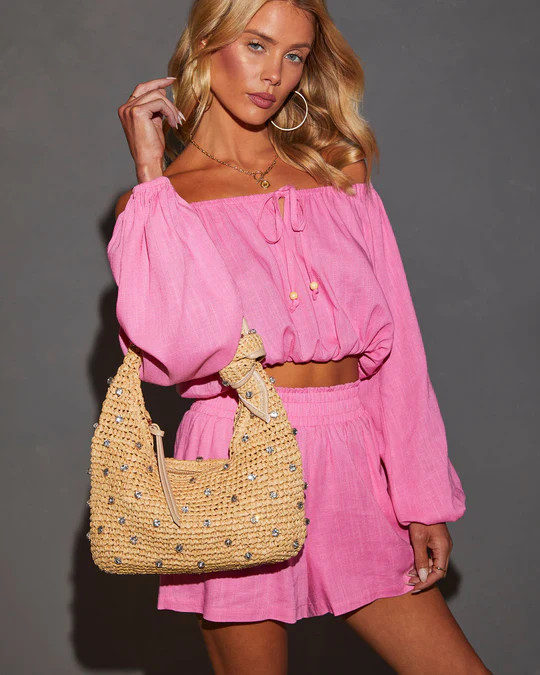 Crystal Cove Rhinestone Embellished Raffia Satchel | VICI