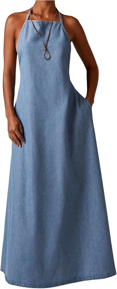Milumia Women's Denim Halter Maxi Dress Tie Back A Line Vacation Jean Dresses with Pockets | Amazon (US)
