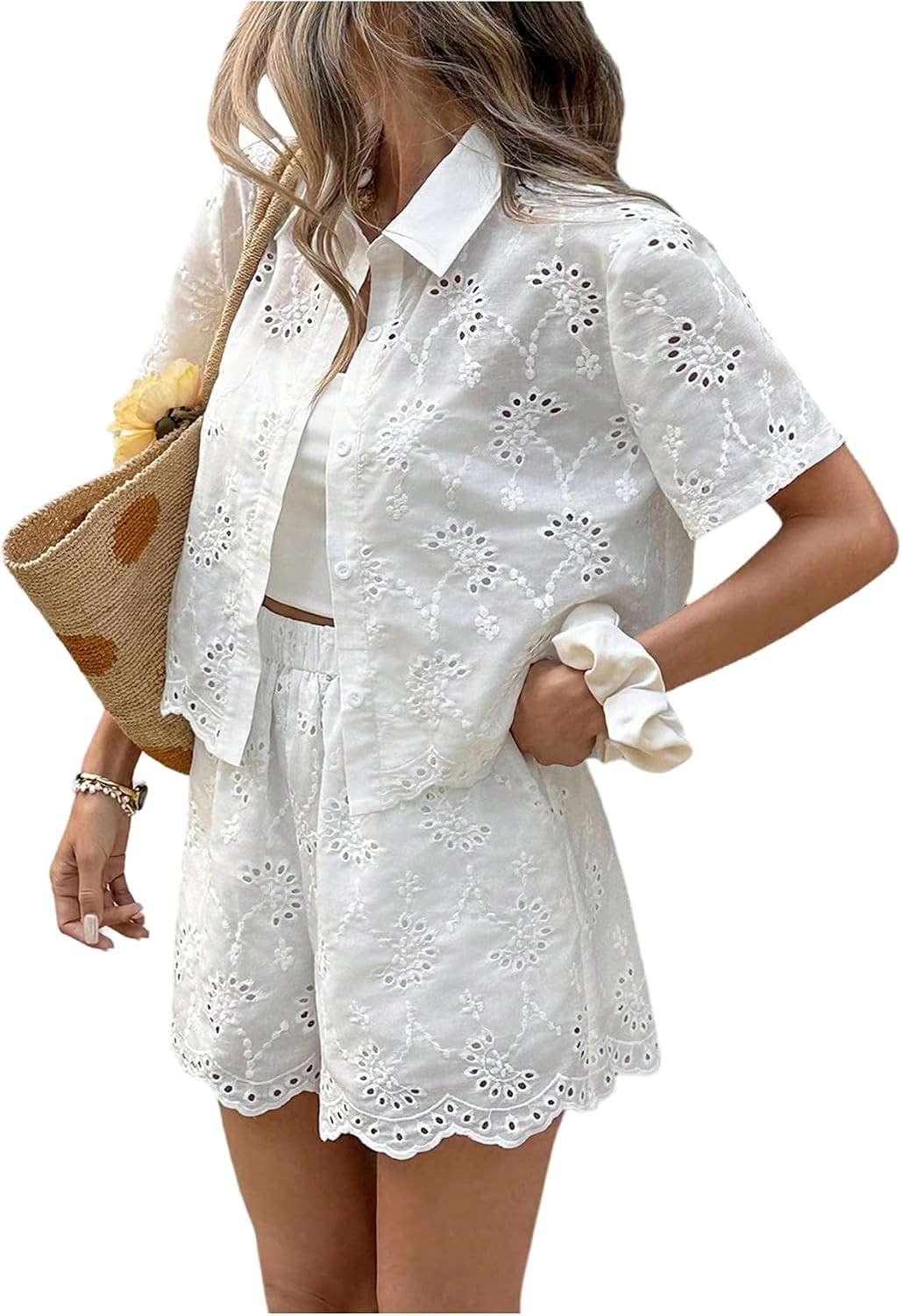 SOLY HUX Women's 2 Piece Vacation Outfits Embroidery Shirts and Shorts Sets | Amazon (US)