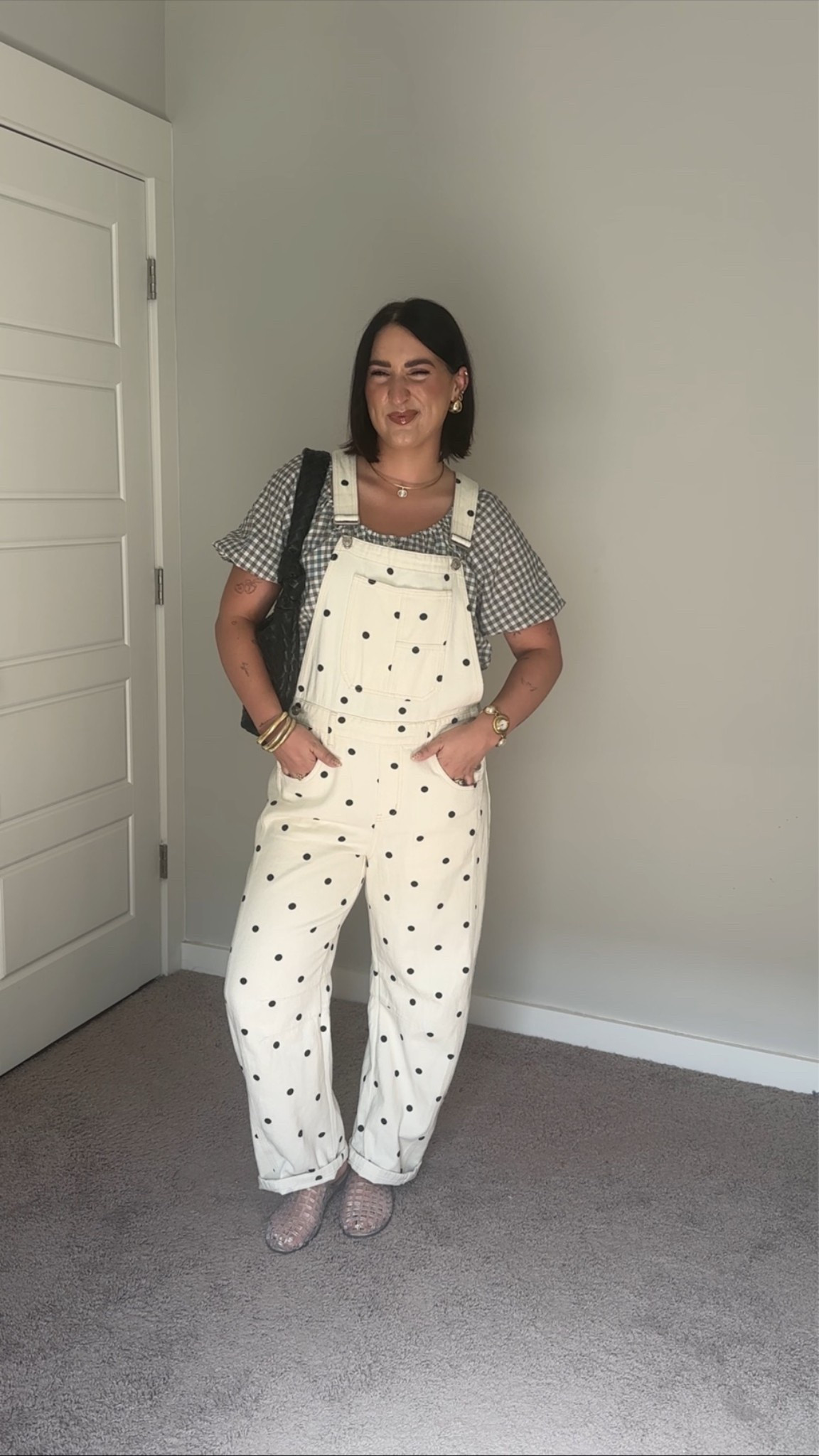 overalls from Poppie’s Boutique (size L) link:
https://shoppoppiesboutique.com/collections/new-arrivals/products/dotted-denim-overalls-map2994