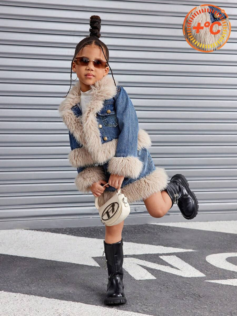 2pcs/Set Young Girl' Y2k Blue Denim Jacket With Furry Trim & Skirt, Autumn/Winter,Plush Fur Suit,... | SHEIN
