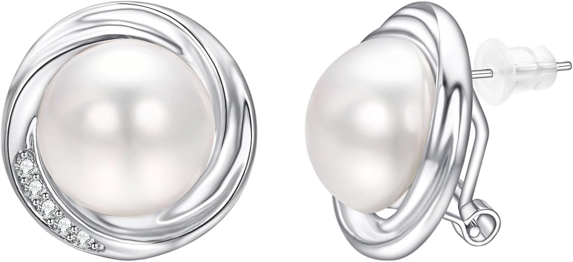 Yoursfs Round White Pearl Stud Earrings for Women Dainty Hypoallergenic Spiral Earrings Cubic Zir... | Amazon (US)