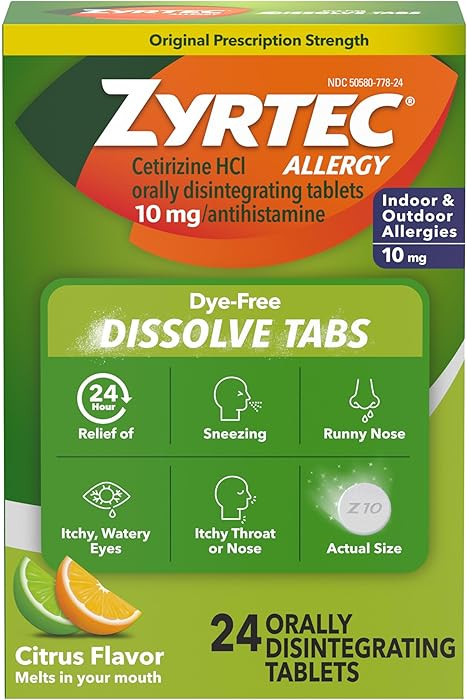 Zyrtec 24 Hour Dye-Free Allergy Relief Dissolve Tablets with 10 mg Cetirizine HCl, Citrus Flavore... | Amazon (US)