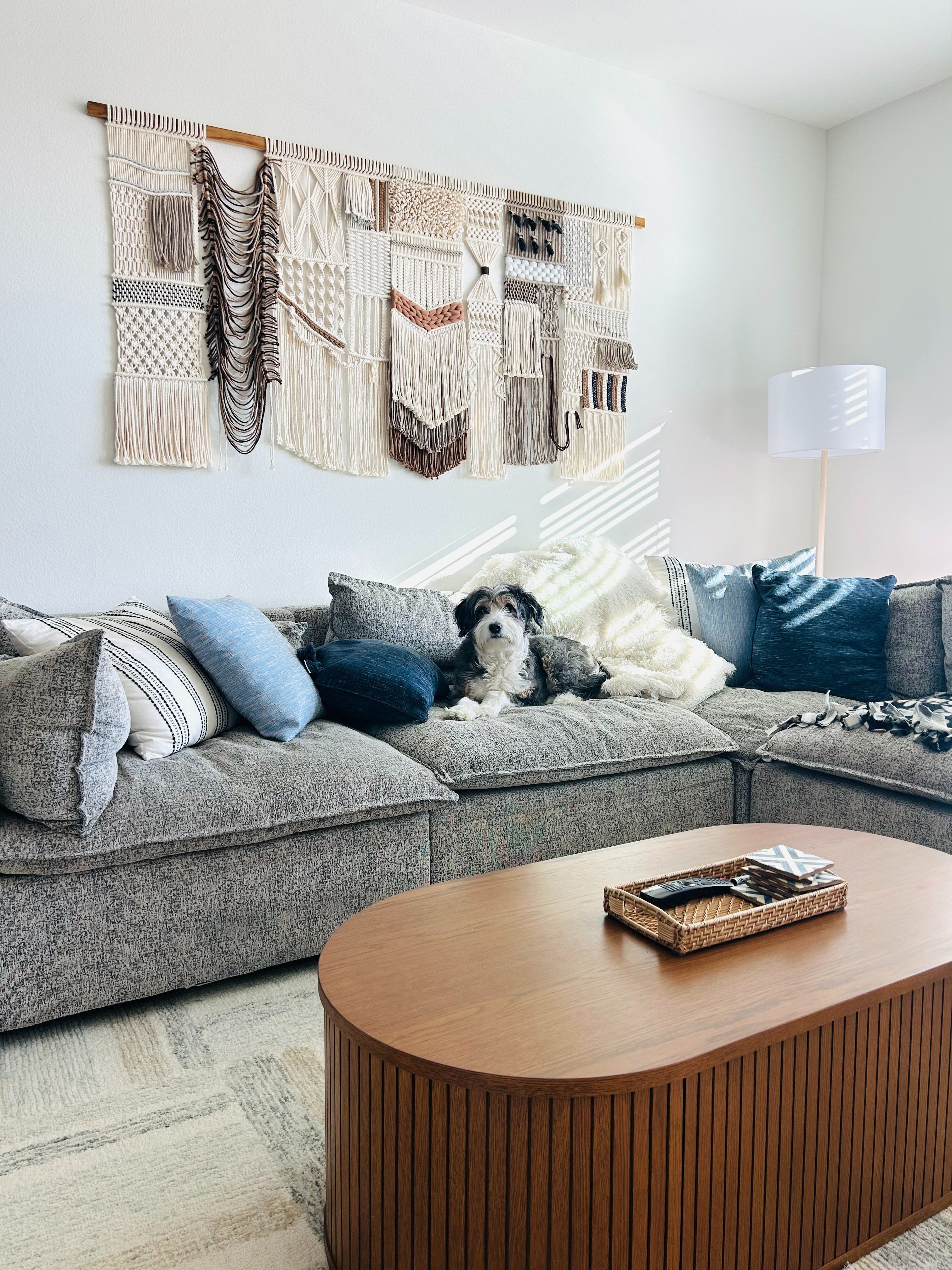 Living room finds for the coffee table, rug, macrame, and table tray all linked! Our Albany Park couch fabric is not longer available so I linked a similar color.  

 #LTKHome