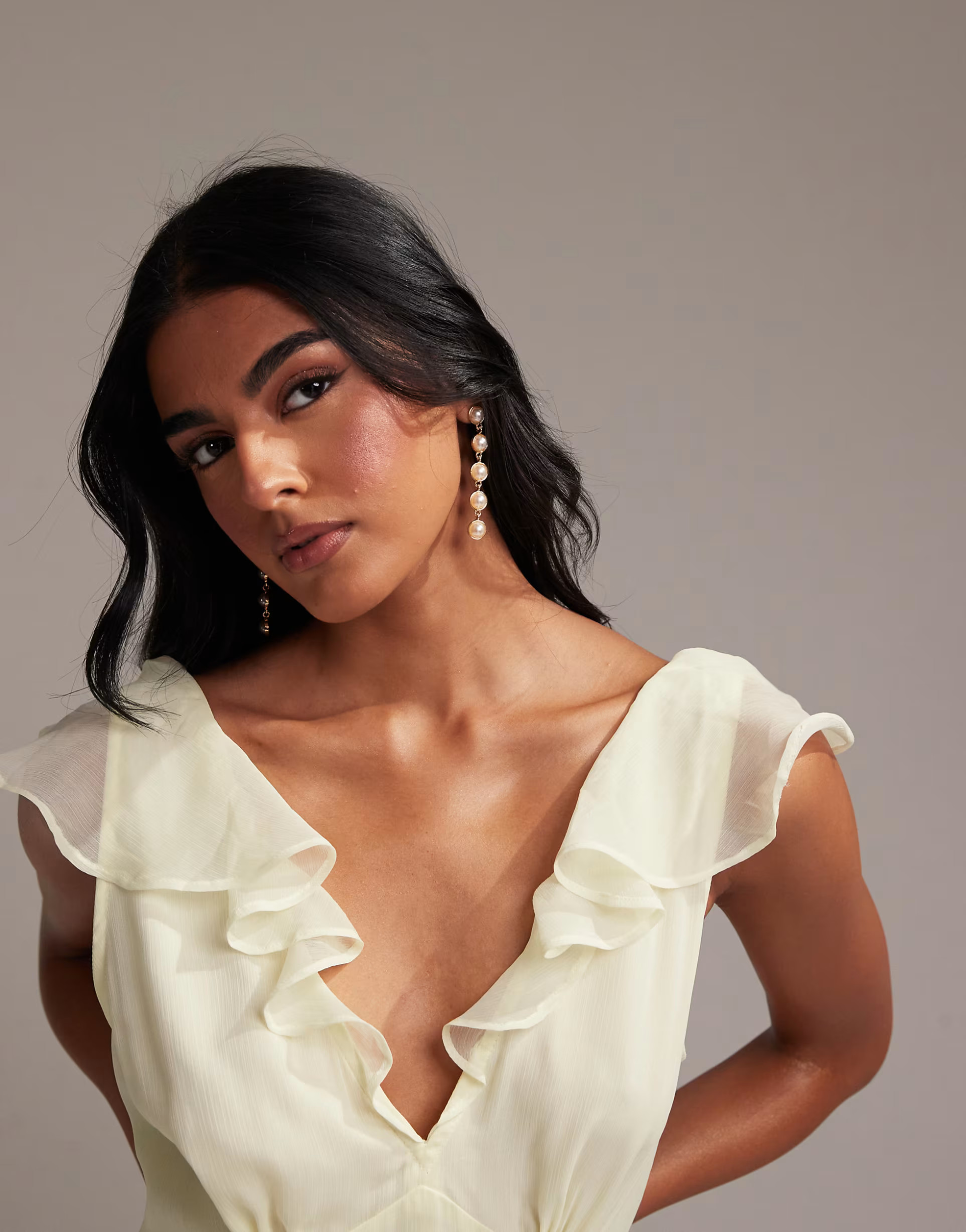 ASOS DESIGN Bridesmaids flutter sleeve bias cut maxi dress with godet frill hem in soft yellow | ... | ASOS (Global)