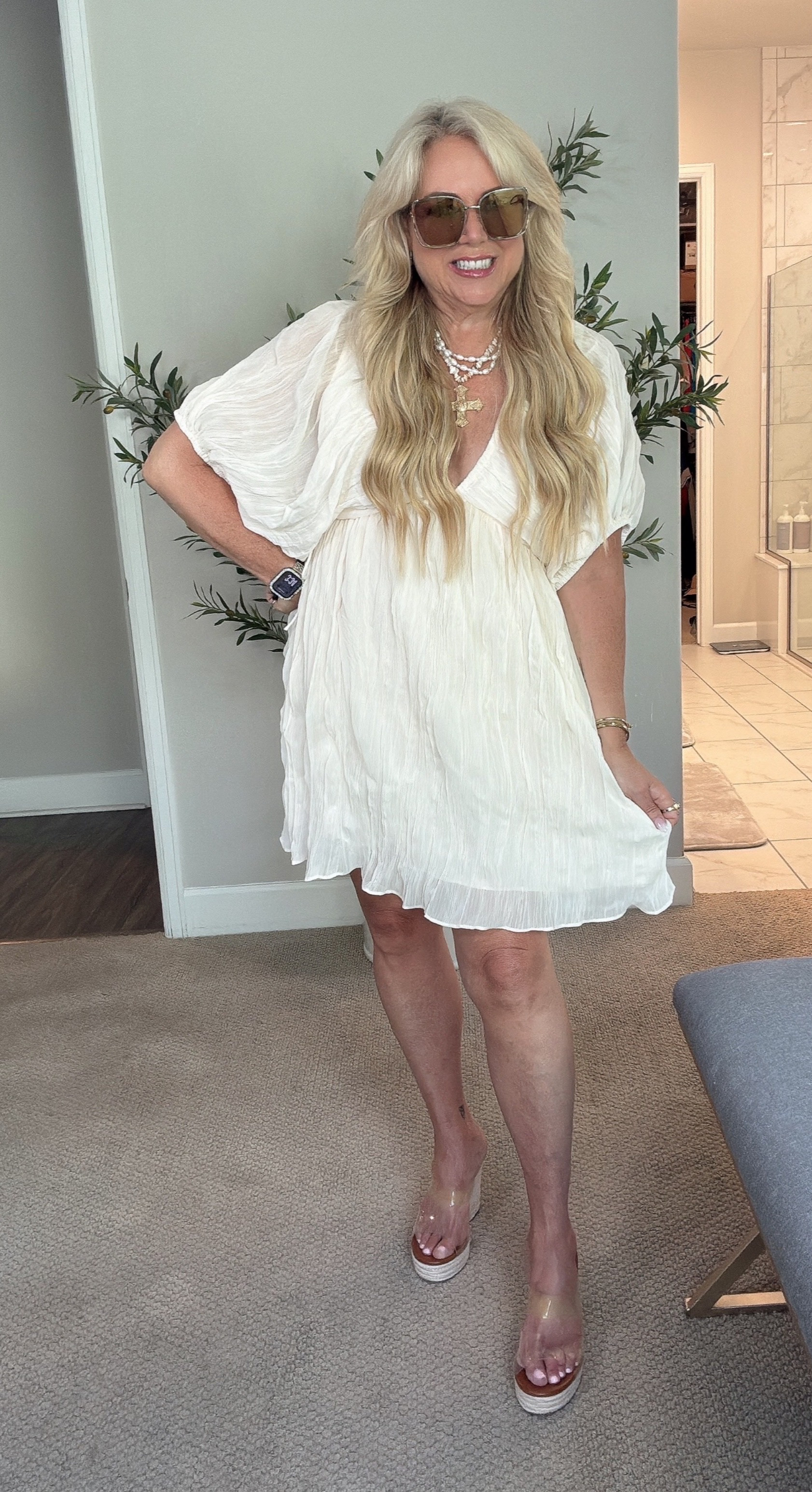 ✨ This ivory mini dress (XL) has that dreamy, boho charm I just love. 🤍 With its flowy crinkle gauze fabric and relaxed fit, it feels light, breezy, and so easy to wear. And can we talk about the neckline? I love a V-neck - It’s soft, flattering, and gives the whole look that feminine vibe I can’t resist. Perfect for sunlit mornings, seaside strolls, or even a little twirl under the stars. ✨🌙

#LTKStyle #IvoryMini #BohoChic #CrinkleGauze #RomanticStyle #DayToNight #ChicAndFlowy 

 #LTKOver40 #LTKSaleAlert #LTKMidsize