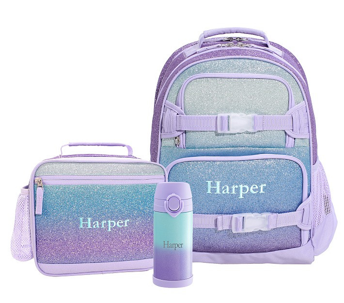 Mackenzie Lavender Aqua Ombre Glitter Backpack & Lunch Bundle, Set Of 3 | Pottery Barn Kids
