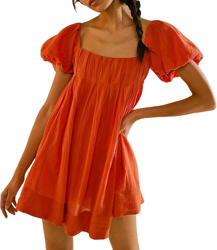 Juakoso Women Y2k Puff Sleeve Babydoll Short Dress Square Neck Tie Back Mini Dress Flowy Solid Co... | Amazon (US)