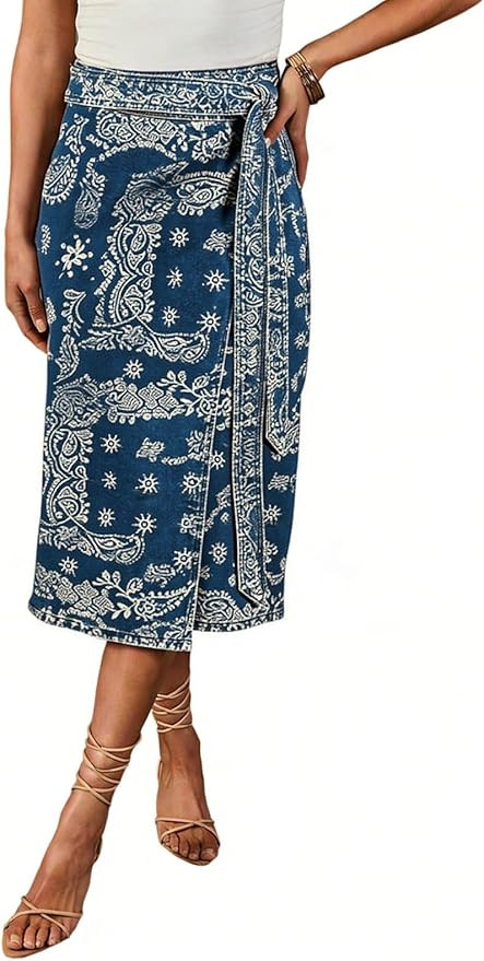 Women Western Wrap Denim Skirt Floral Print High Waist Tie Side Slit Midi Jean Pencil Skirts | Amazon (US)