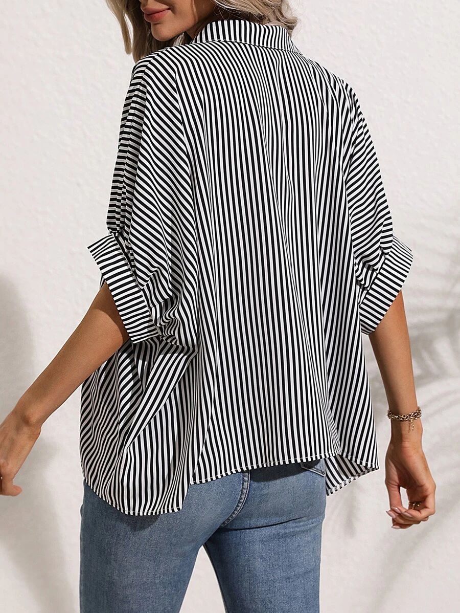 SHEIN VCAY Striped Print Batwing Sleeve Shirt | SHEIN