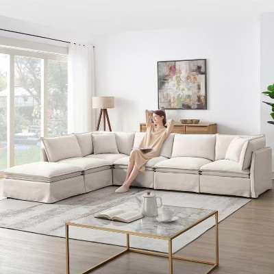 125.5'' 6-Seat Modular Chenille Sectional Sofa, Wide Seat with Movable Ottoman, Oversized Couch for Living Room or Apartment, Beige | Target