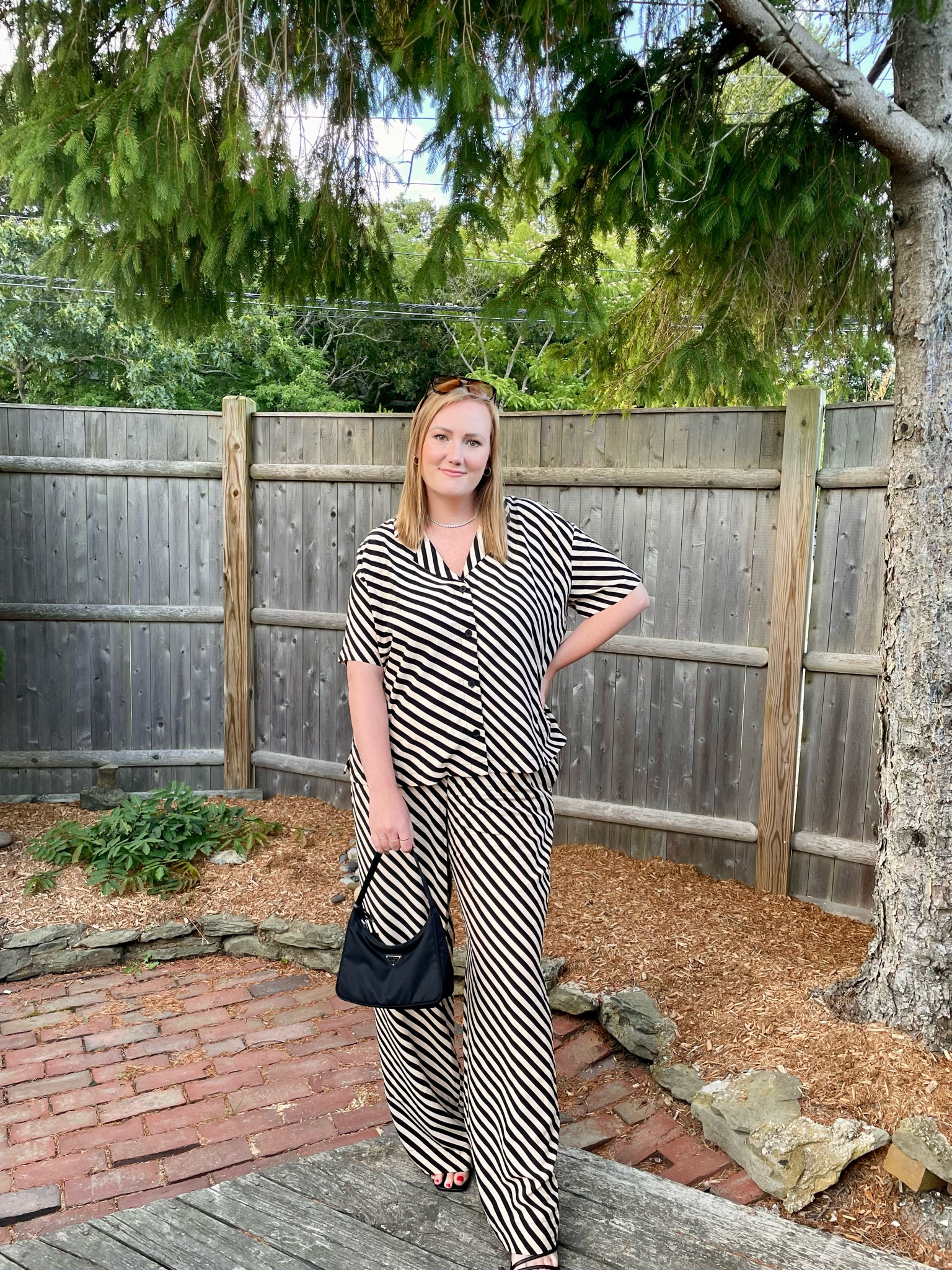 The perfect matching set for going out to dinner. Nylon prada bag, black sandals, matching set with pants  

#LTKWorkwear #LTKFindsUnder50 #LTKMidsize