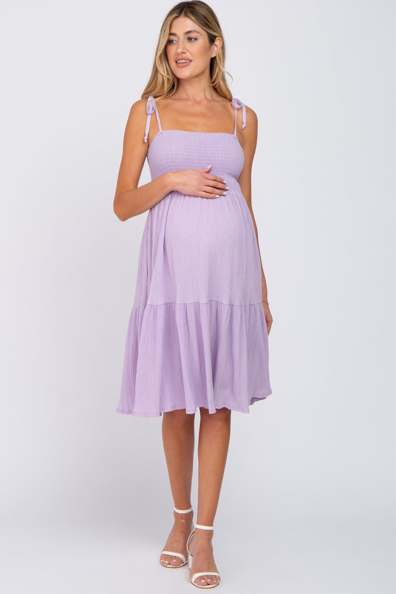 Lavender Smocked Shoulder Tie Maternity Dress | PinkBlush Maternity