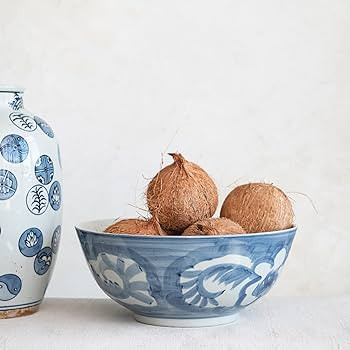 Creative Co-Op Hand Painted Stoneware Floral Design, Blue and White Bowl | Amazon (US)