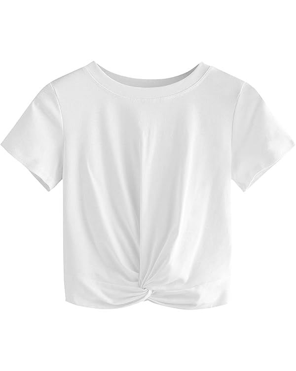 MakeMeChic Women's Summer Crop Top Solid Short Sleeve Twist Front Tee T-Shirt | Amazon (US)