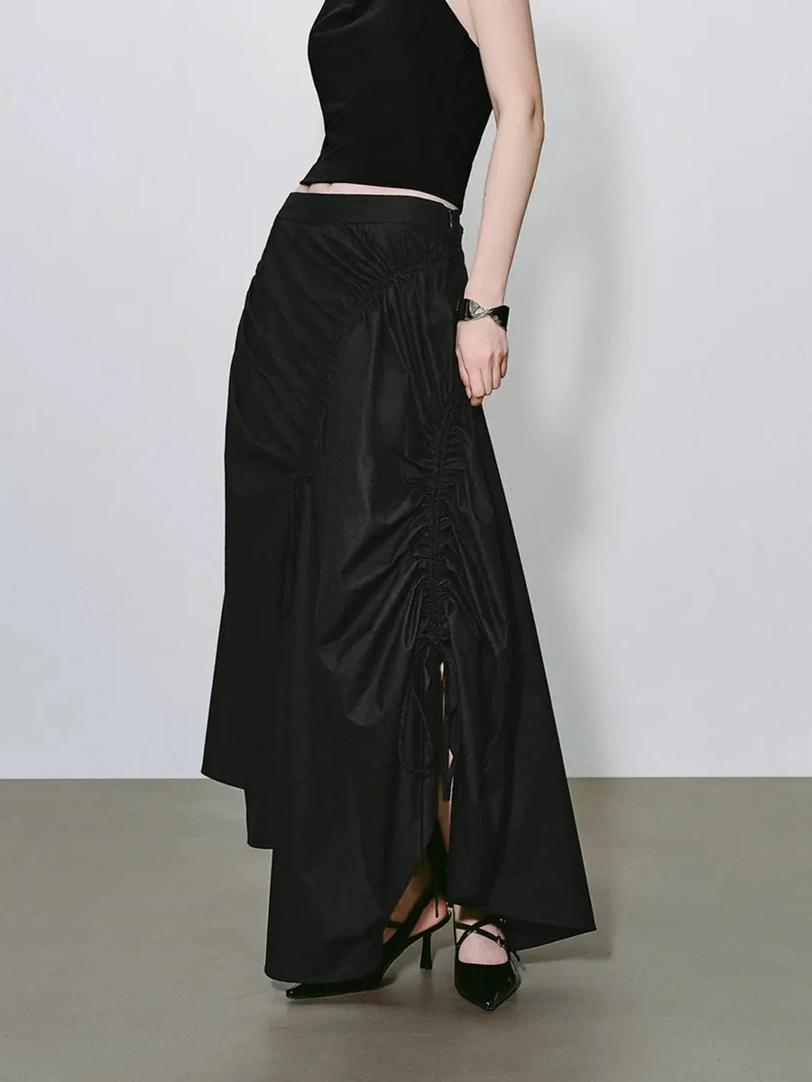 High-Waisted Ruched Drawstring Slit Irregular Hem A-Line Cotton Skirt | Urban Revivo