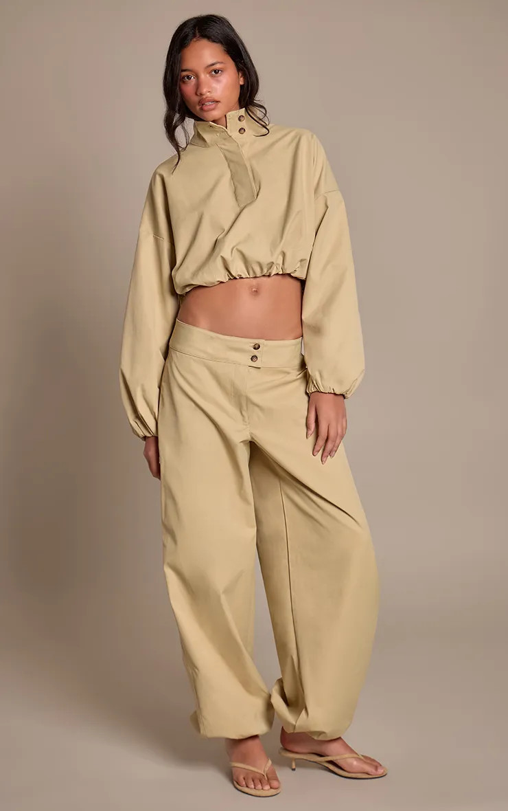 Stone Trench Double Button Waistband Detail Trousers | PrettyLittleThing US