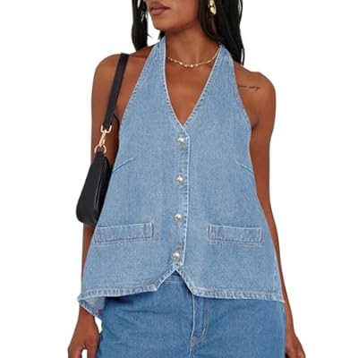 Tankaneo Womens Halter Denim Vest Tops Summer Sleeveless Open Back Y2K Go… | Amazon (US)