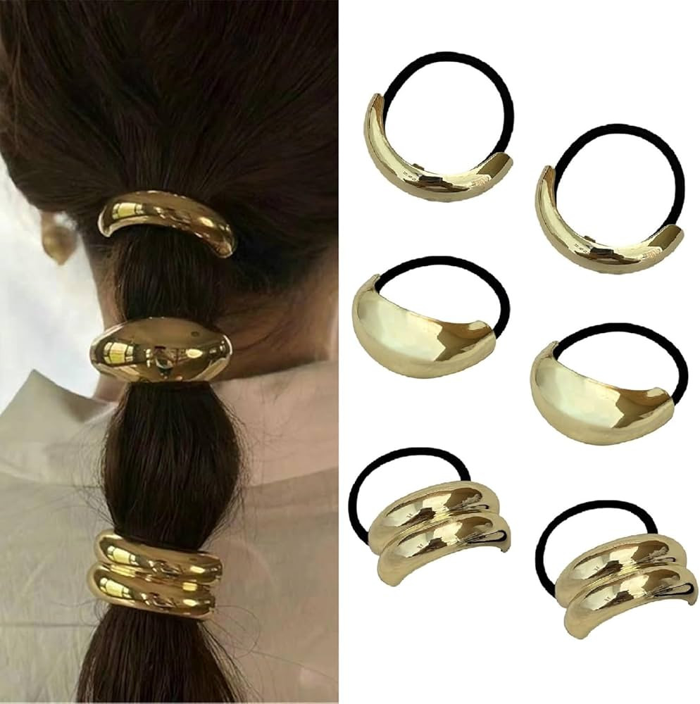 papasgix 6 PCS Metal Hair Tie, Gold Hair Ties, Gold Hair Cuff, Ponytail Hair Cuff, Gold Ponytail Cuff Silver Metal Hair Ties Hair Elastic Hair Ties for Women Gold Hair Accessories (Set 05) | Amazon (US)