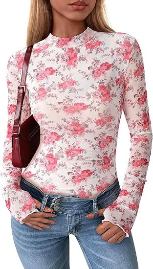 PRETTYGARDEN Womens Long Sleeve Going Out Tops Fall Mesh Floral Blouses Slim Fitted Shirts Date N... | Walmart (US)