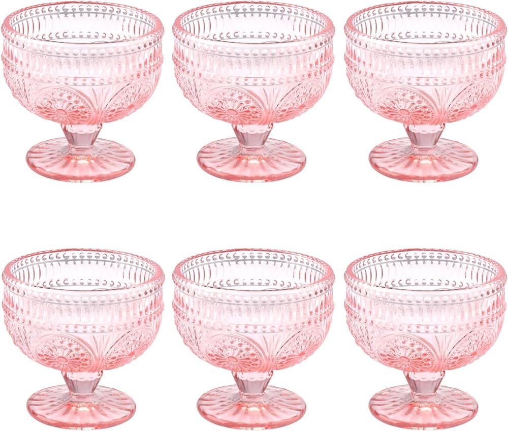 Vintage Glass Dessert Bowls Set of 6-11.5 oz Pink Embossed Glass Ice Cream Bowls for Salad, Candy... | Amazon (US)