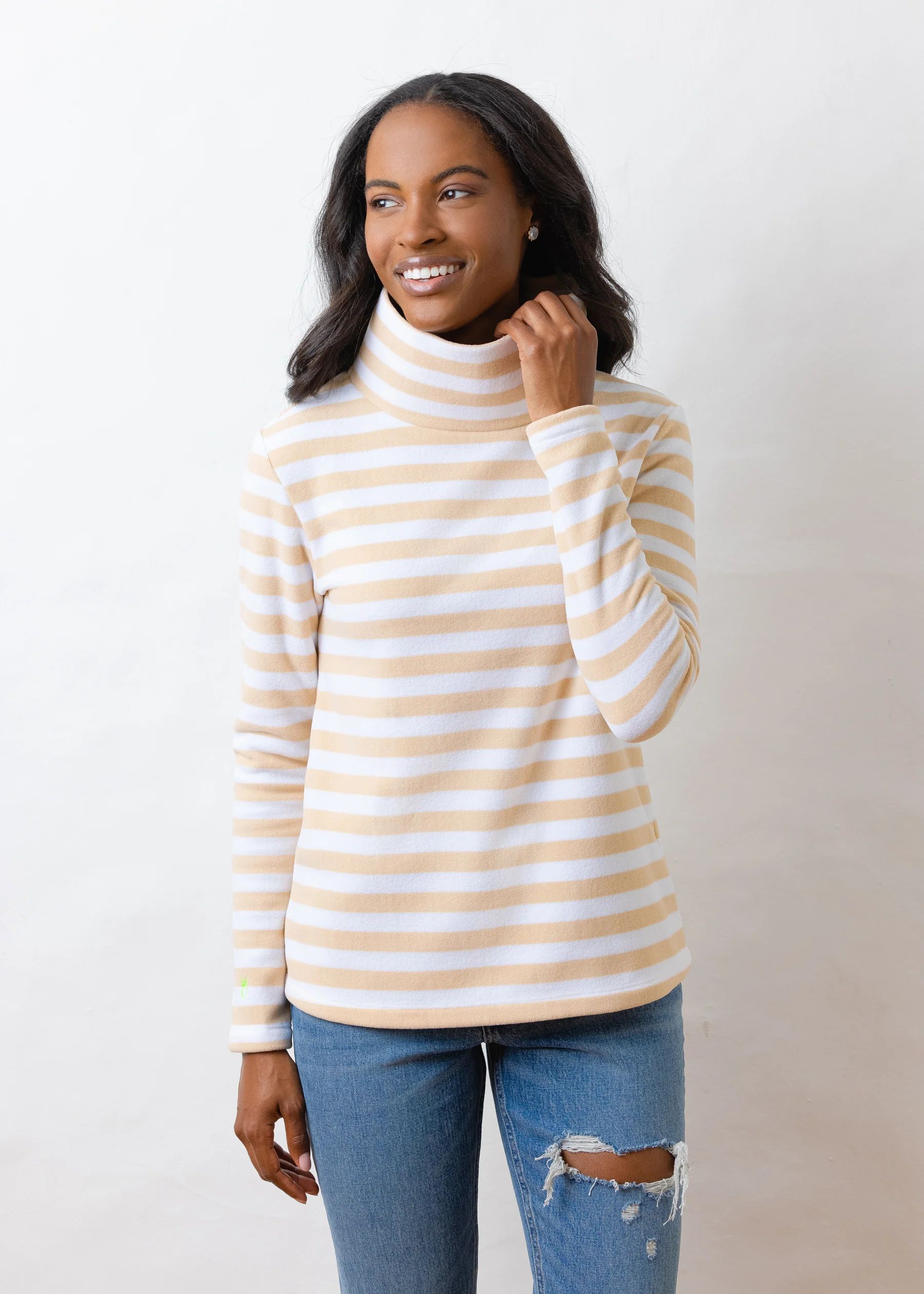 Greenpoint Turtleneck in Striped Fleece (Natural Blush / White) | Dudley Stephens