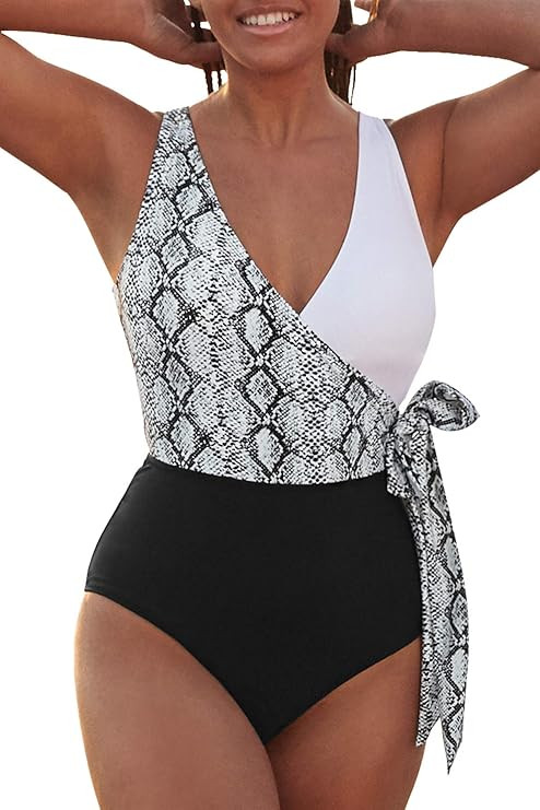 CUPSHE Women's One Piece Swimsuit Wrap Color Block Tie Side Bathing Suit | Amazon (US)