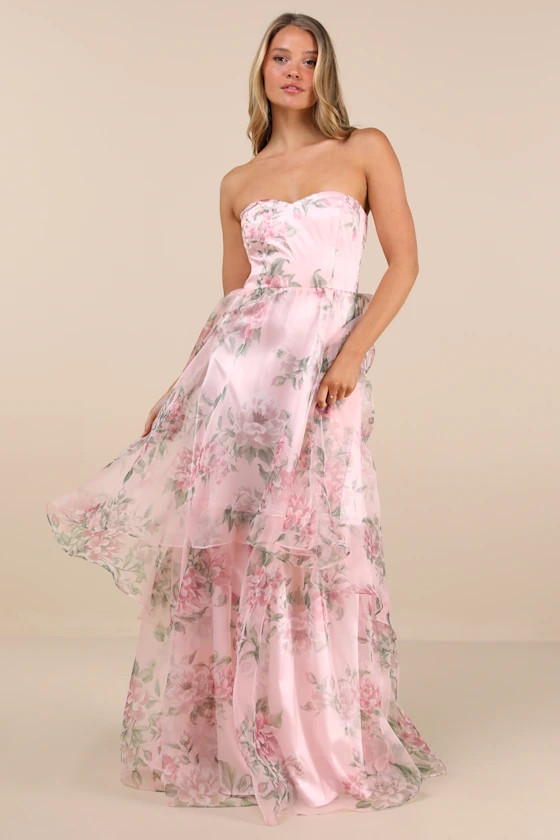 Truly Extraordinary Pink Floral Organza Strapless Maxi Dress | Lulus