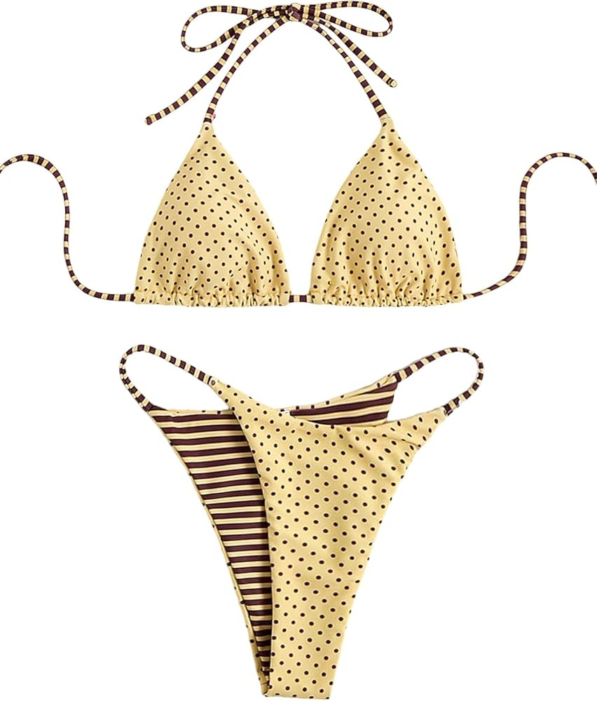 WDIRARA Women's Polka Dots 2 Piece Swimsuit Triangle Halter String Bikini Set High Cut Bathing Su... | Amazon (US)
