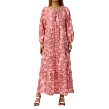 Women Geometric Print Long Dress V-neck Puff Long Sleeve Dress | Walmart (US)