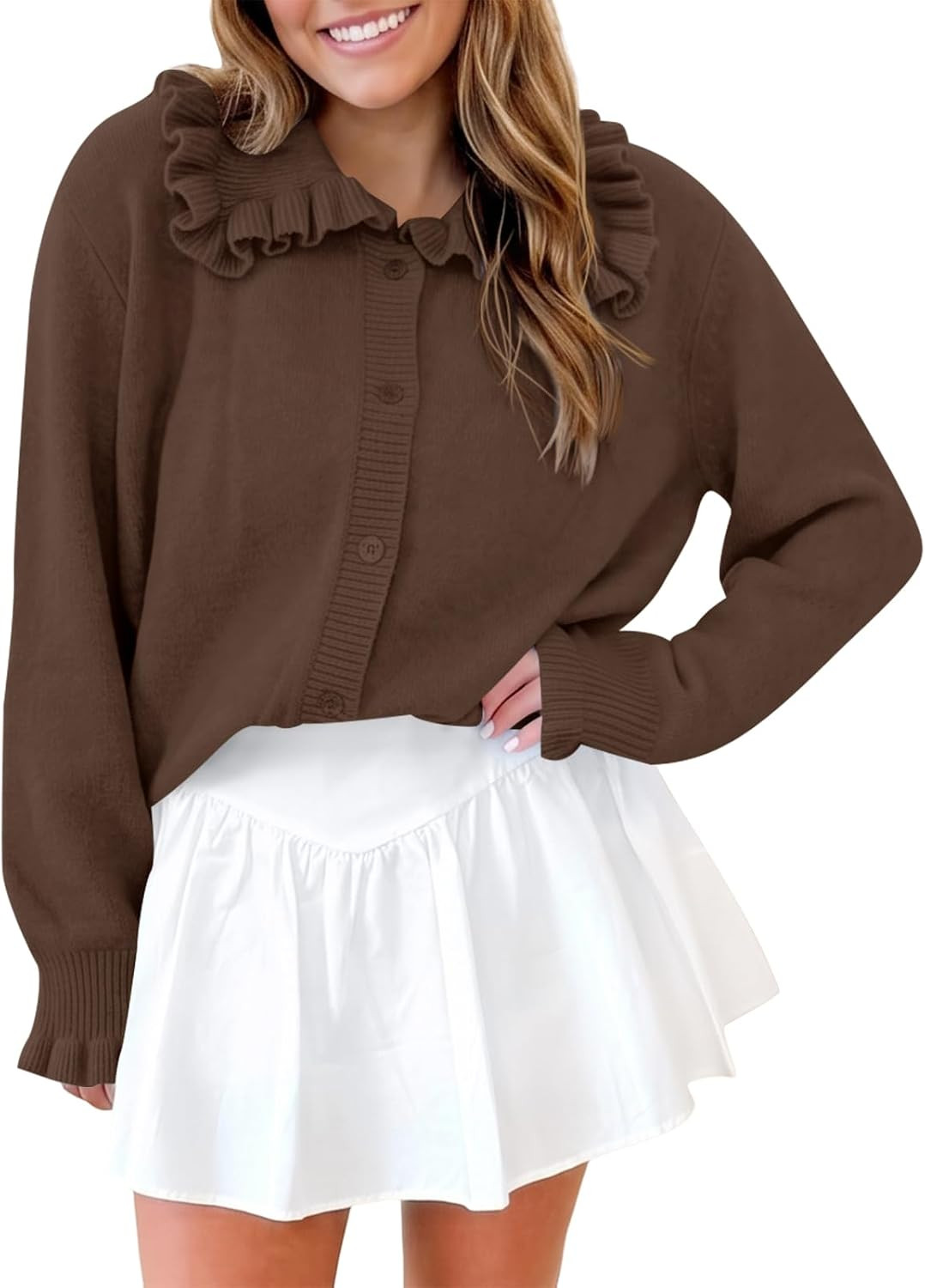 Saodimallsu Womens Ruffle Button Down Sweater Cardigan | Amazon (US)