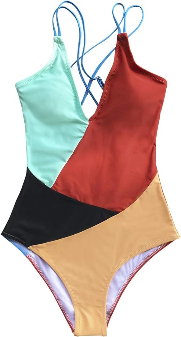 CUPSHE Women's Colorblocked Strappy V Neck One Piece Swimsuit | Amazon (US)