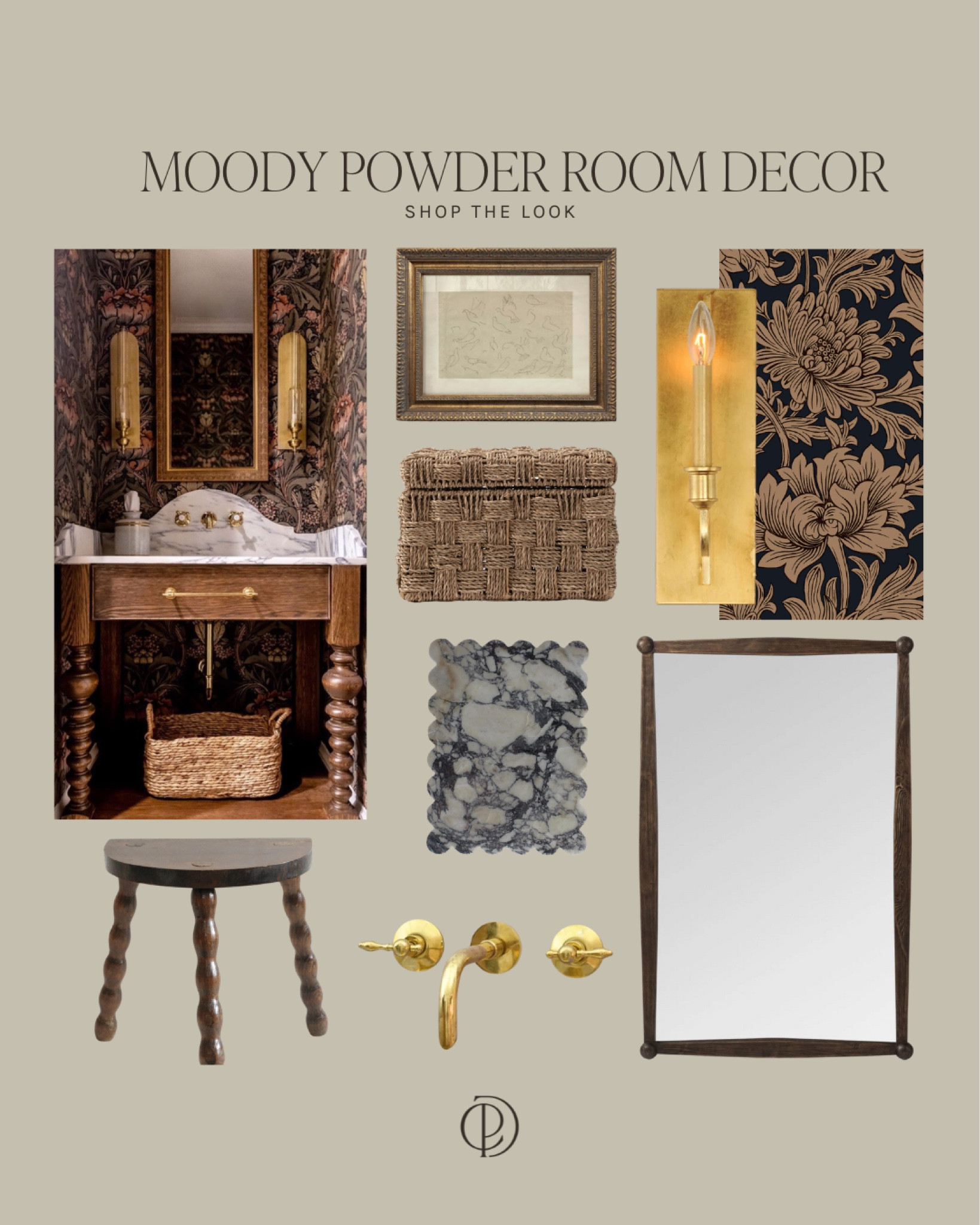 Moody Powder Room Decor | Vintage Framed Wall Art | Seagrass Storage | Seagrass Bin | Brass Wall Sconce | Wall Sconce | Floral Wallpaper | Calacatta Marble | Antique Stool Styled | Bathroom Mirror | Vanity Mirror | Unlacquered Brass | Bathroom Decor | Washroom Decor | Restroom Design | Transitional Decor | CPD TAILORED HOMES |

#LTKstyletip #LTKcanada #LTKautumn