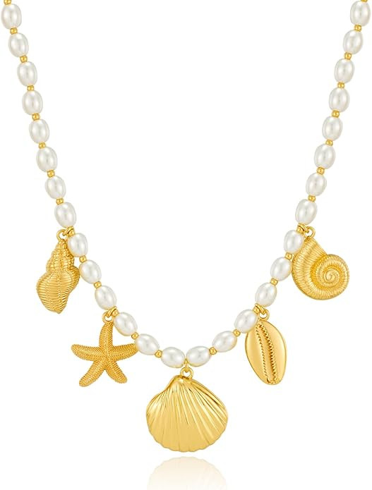 WOWORAMA Gold Sea Shell Necklace for Women Shell Starfish Pearl Charm Necklace Trendy Ocean Sea P... | Amazon (US)